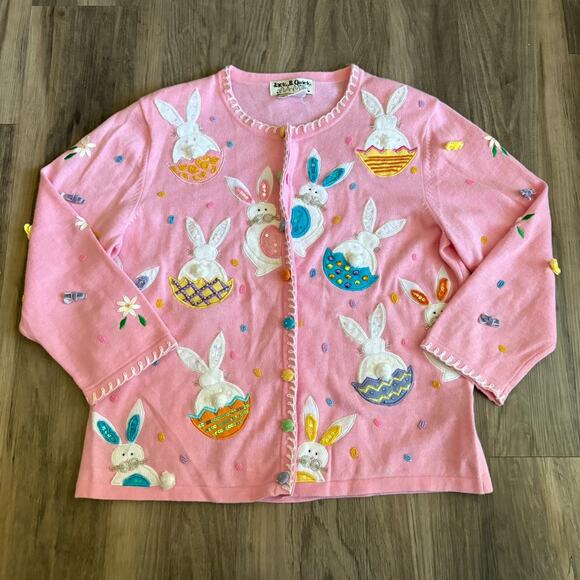 Vintage Jack B. Quick Bunny Rabbit Easter Eggs Cardigan Women's Size M Beaded - Picture 3 of 7